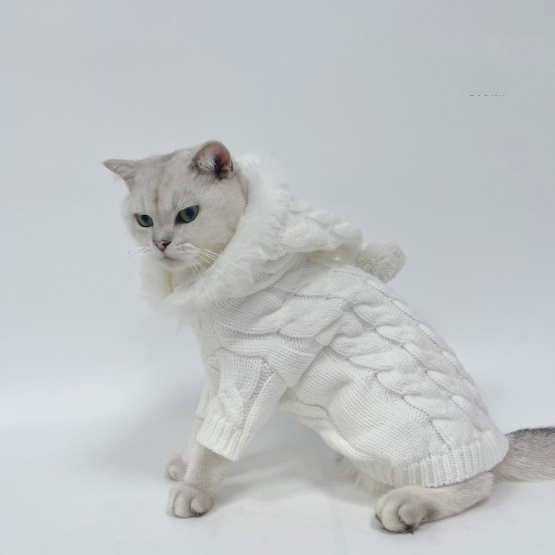 Knitted Sweater With Fur Hood